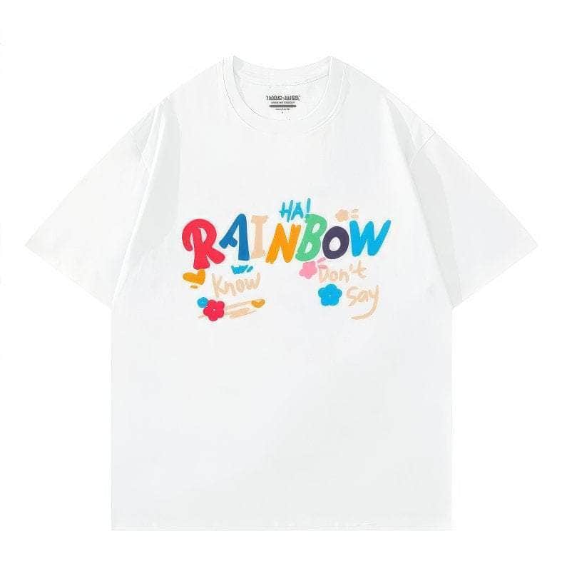 Vibrant "RAINBOW" Text Graphic Tee US 4 / White