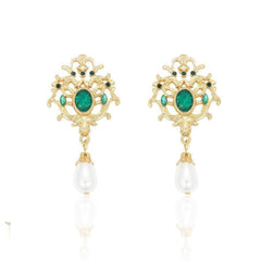 Victorian Style Pearl Drop Emerald Earrings Green / Clip On