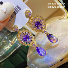 Vintage Amethyst Crystal Dangle Statement Earrings Purple