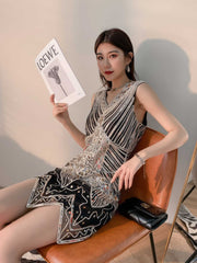 Vintage Beaded Sequin V-Neck Party Dress