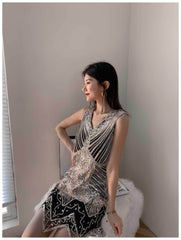 Vintage Beaded Sequin V-Neck Party Dress