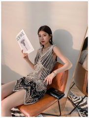 Vintage Beaded Sequin V-Neck Party Dress