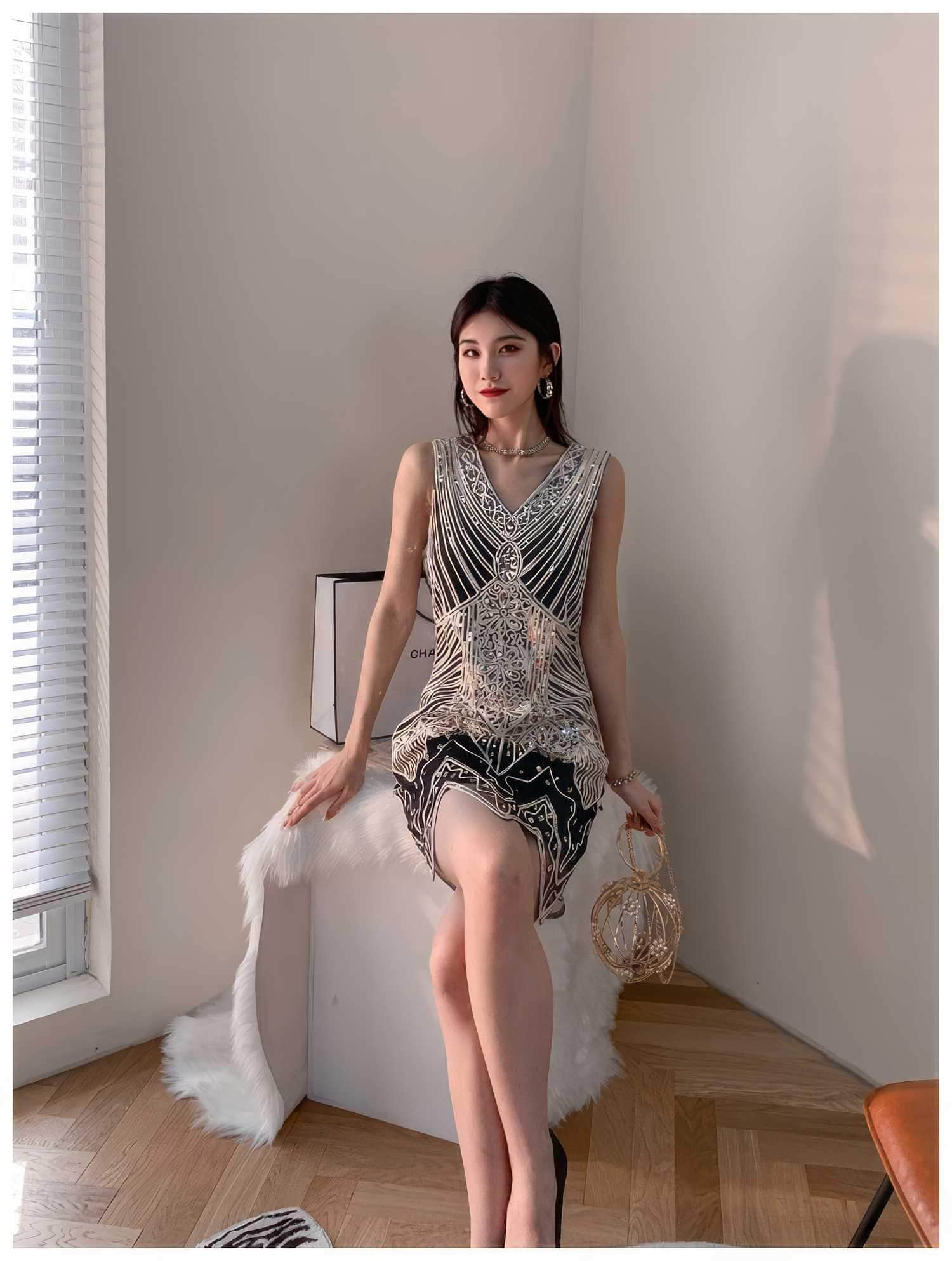 Vintage Beaded Sequin V-Neck Party Dress