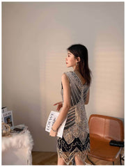 Vintage Beaded Sequin V-Neck Party Dress