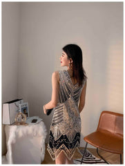 Vintage Beaded Sequin V-Neck Party Dress