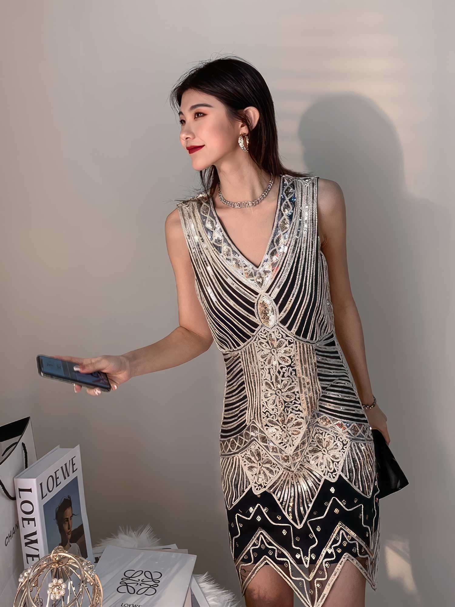 Vintage Beaded Sequin V-Neck Party Dress
