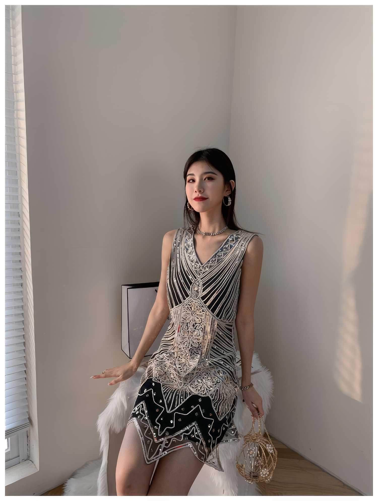 Vintage Beaded Sequin V-Neck Party Dress