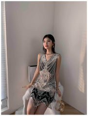 Vintage Beaded Sequin V-Neck Party Dress