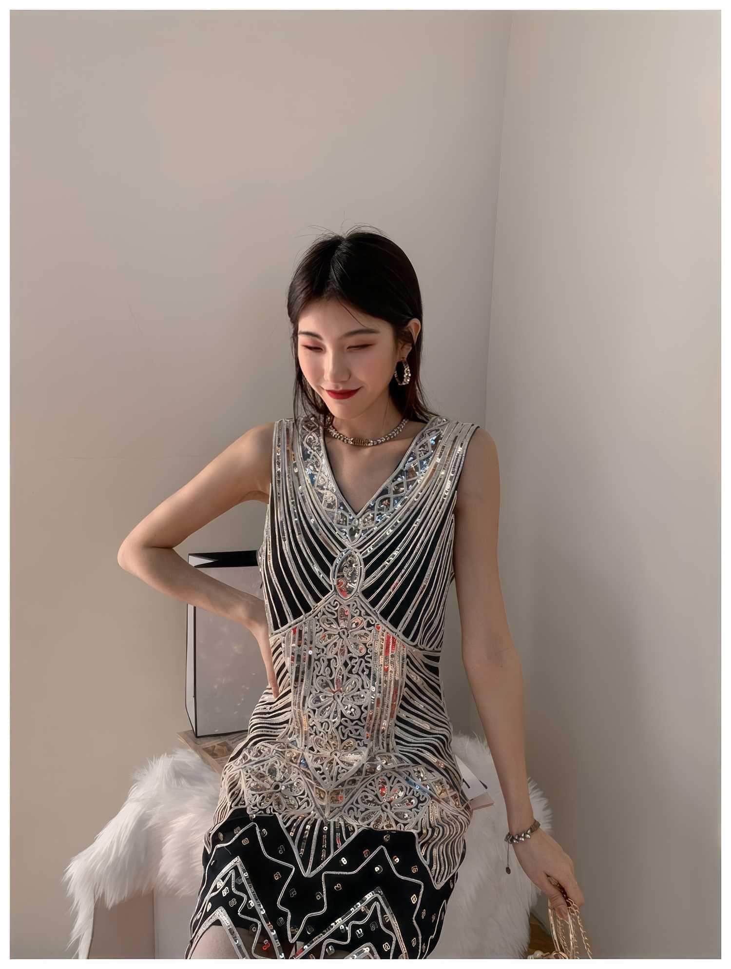 Vintage Beaded Sequin V-Neck Party Dress