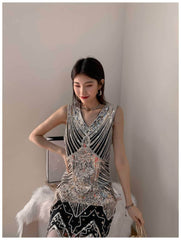 Vintage Beaded Sequin V-Neck Party Dress
