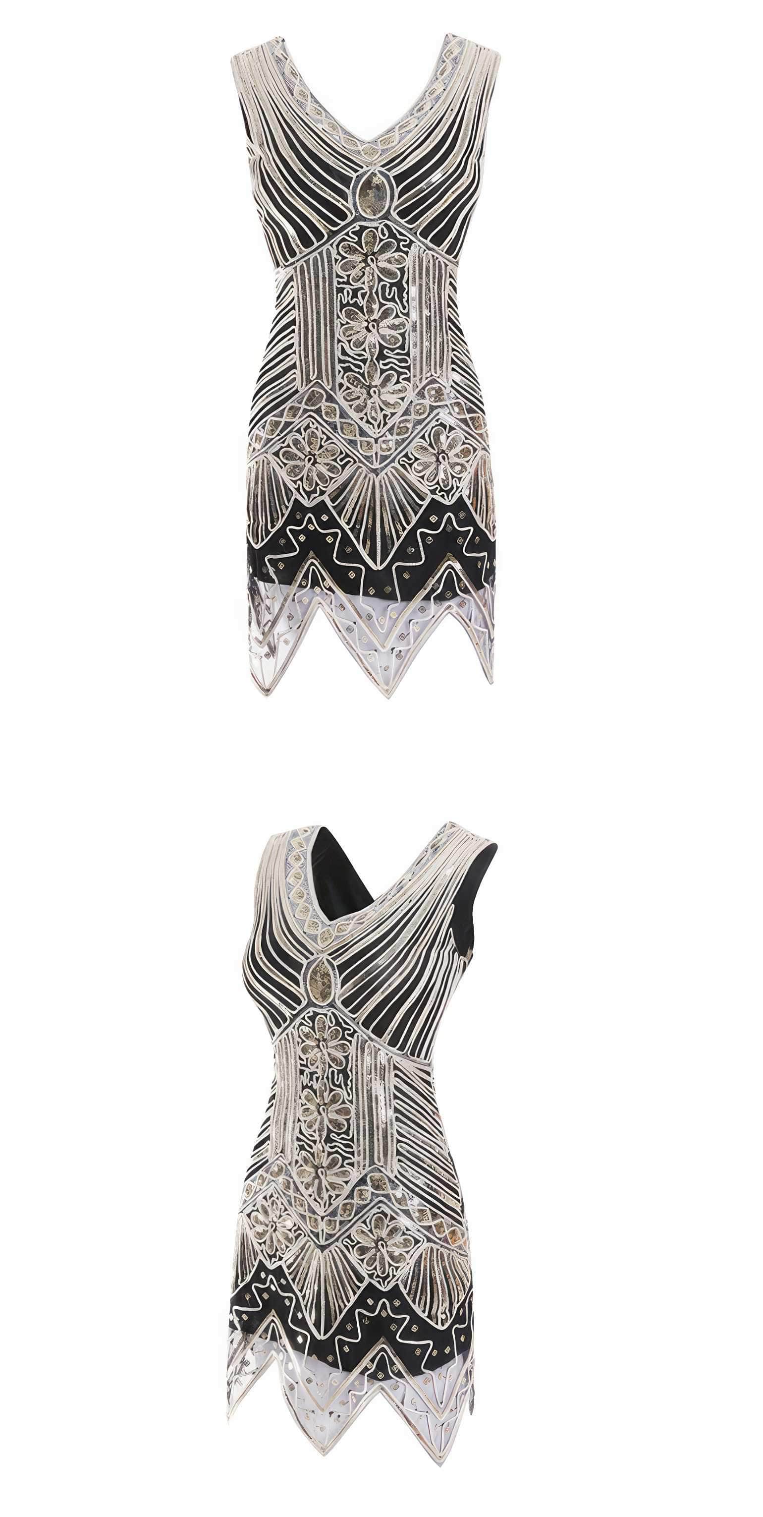 Vintage Beaded Sequin V-Neck Party Dress