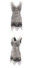 Vintage Beaded Sequin V-Neck Party Dress