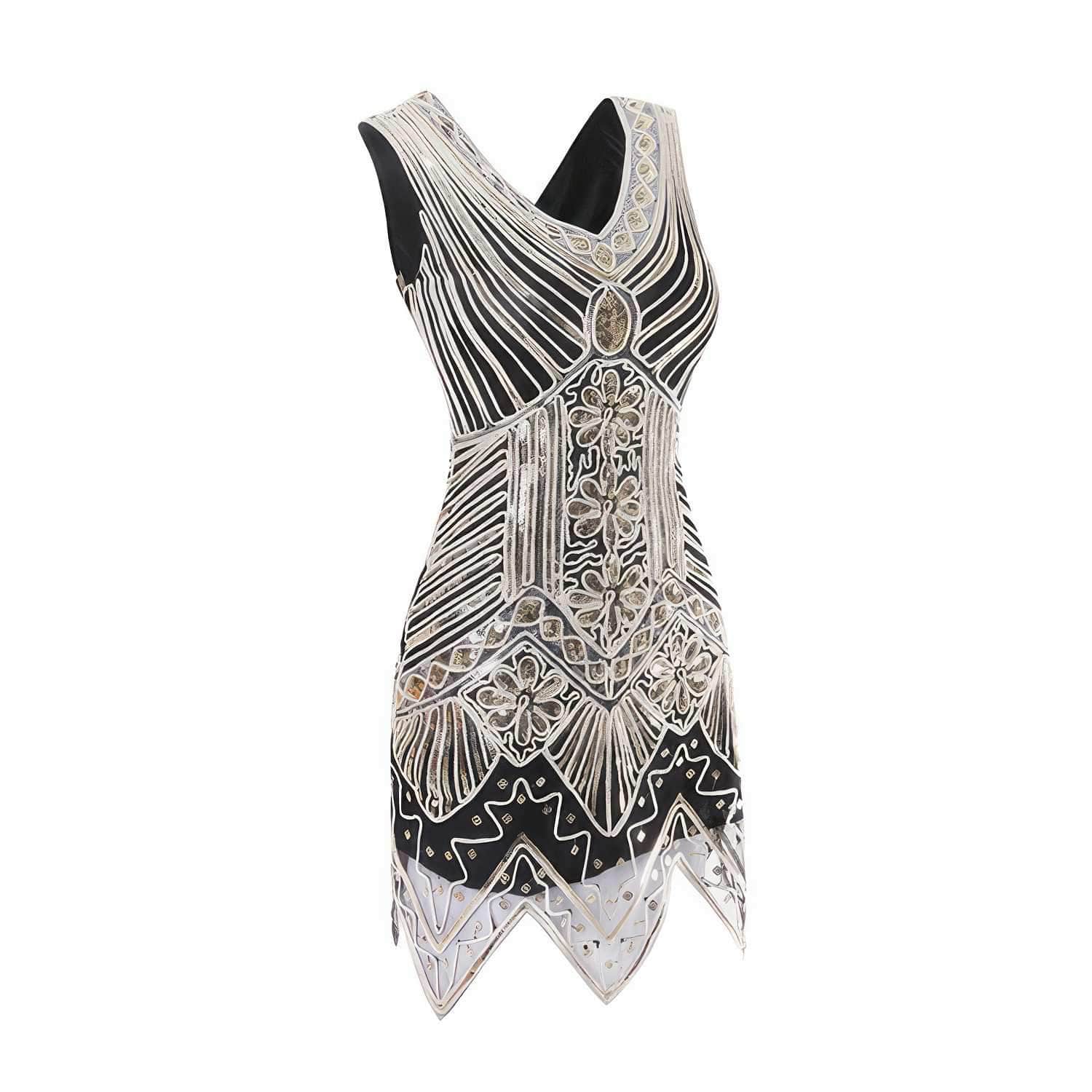 Vintage Beaded Sequin V-Neck Party Dress
