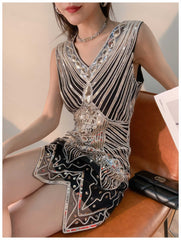 Vintage Beaded Sequin V-Neck Party Dress