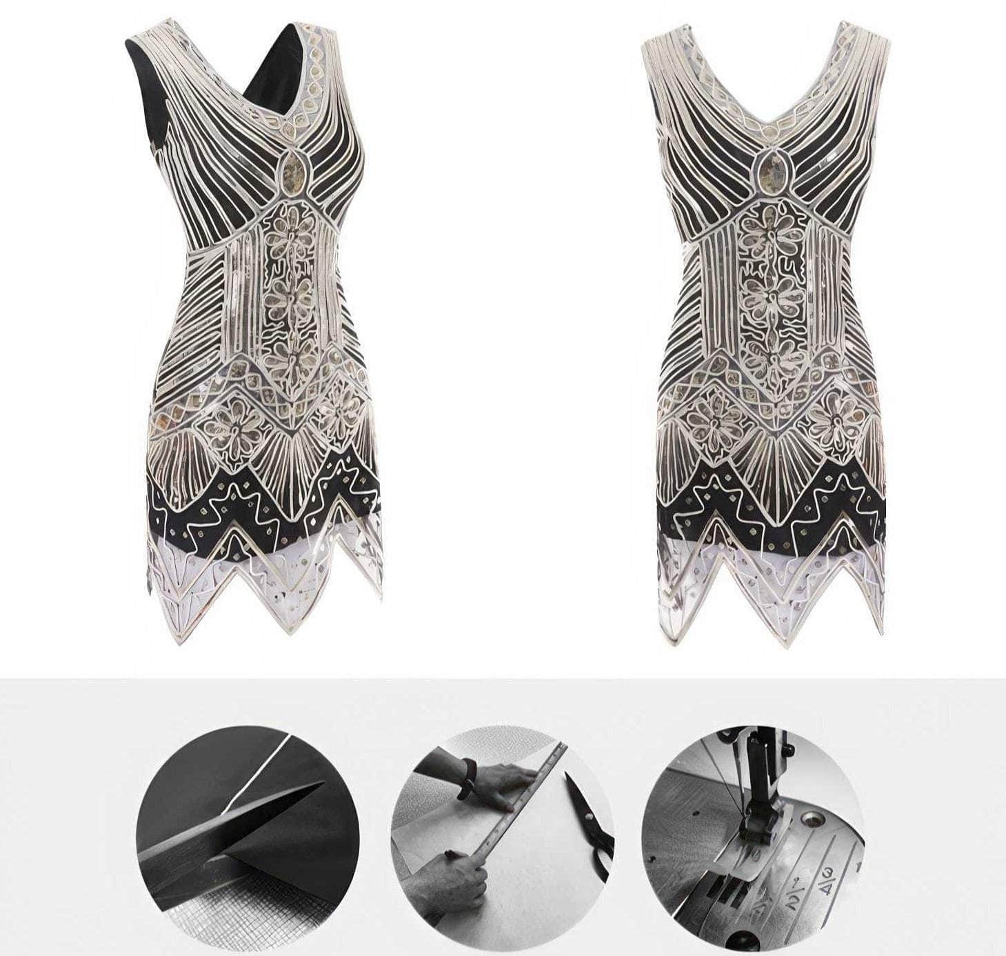 Vintage Beaded Sequin V-Neck Party Dress
