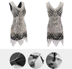 Vintage Beaded Sequin V-Neck Party Dress
