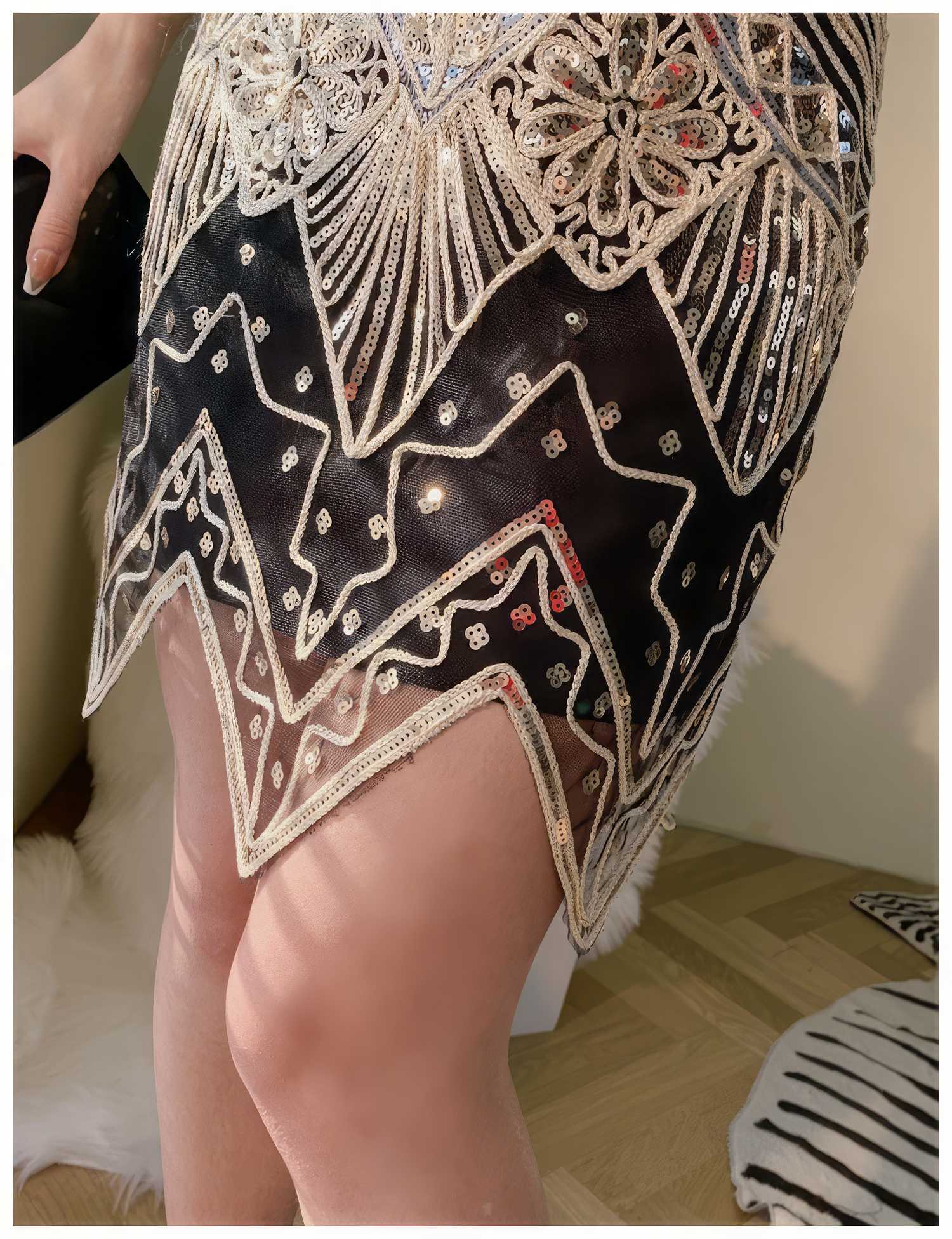 Vintage Beaded Sequin V-Neck Party Dress