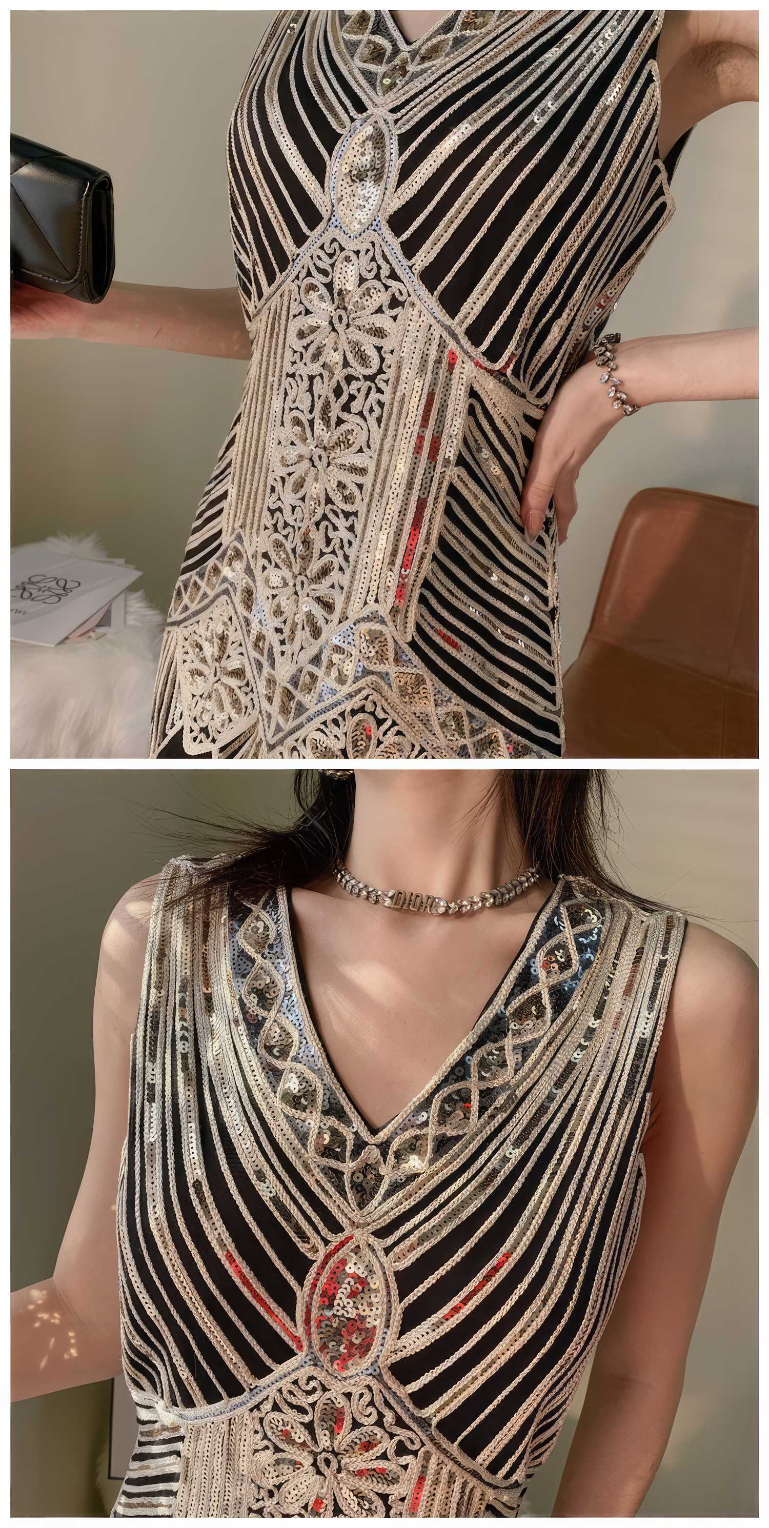 Vintage Beaded Sequin V-Neck Party Dress