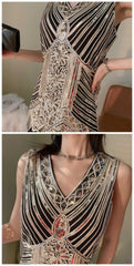 Vintage Beaded Sequin V-Neck Party Dress