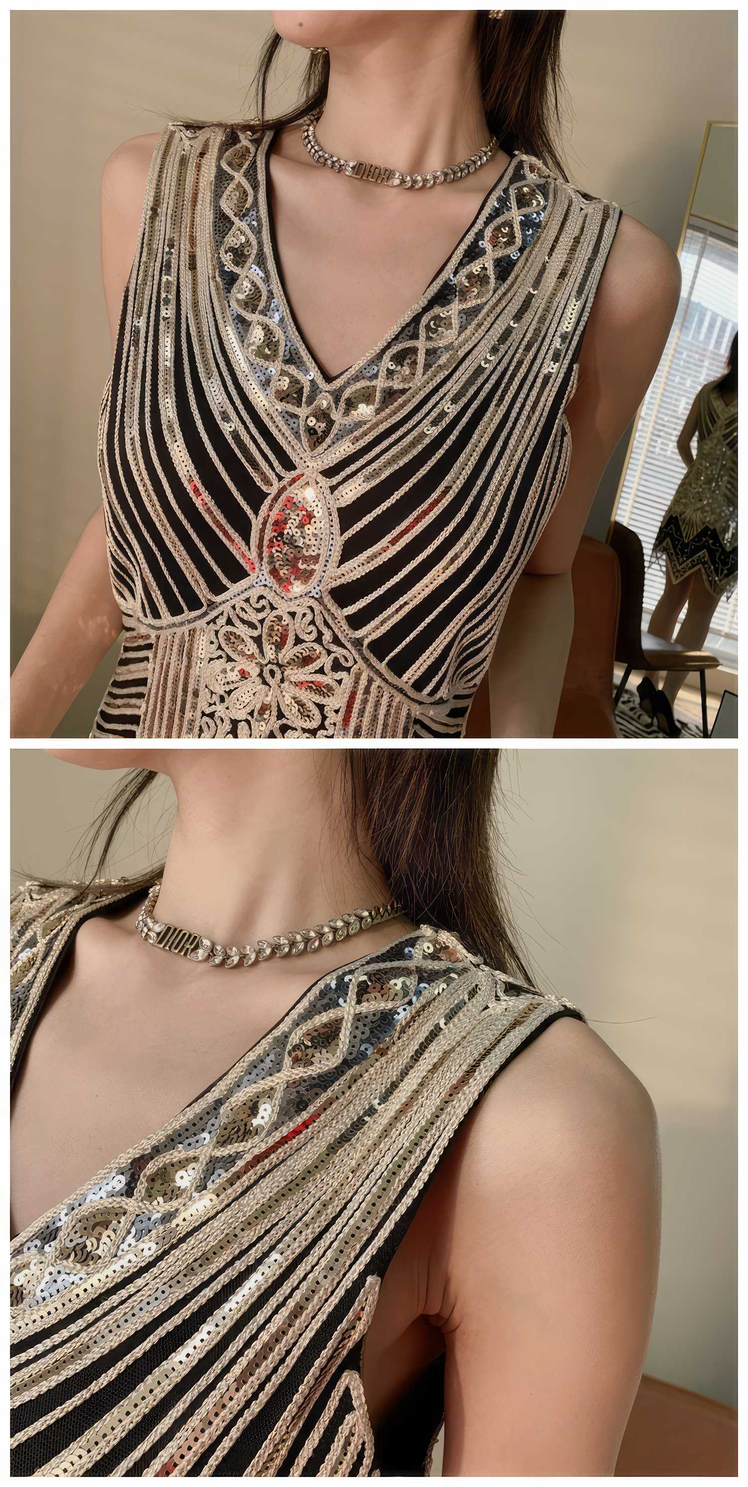 Vintage Beaded Sequin V-Neck Party Dress