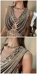 Vintage Beaded Sequin V-Neck Party Dress