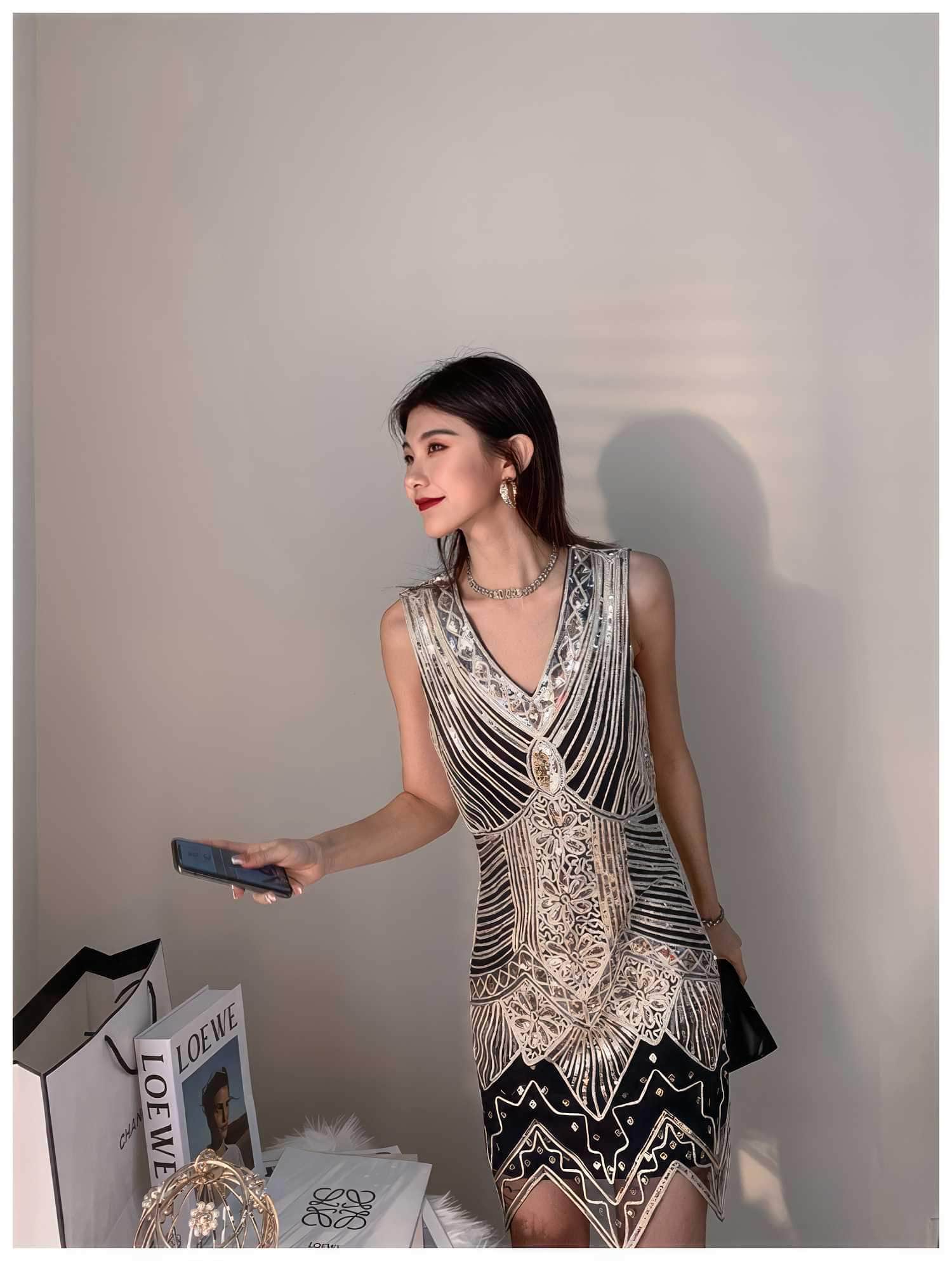 Vintage Beaded Sequin V-Neck Party Dress