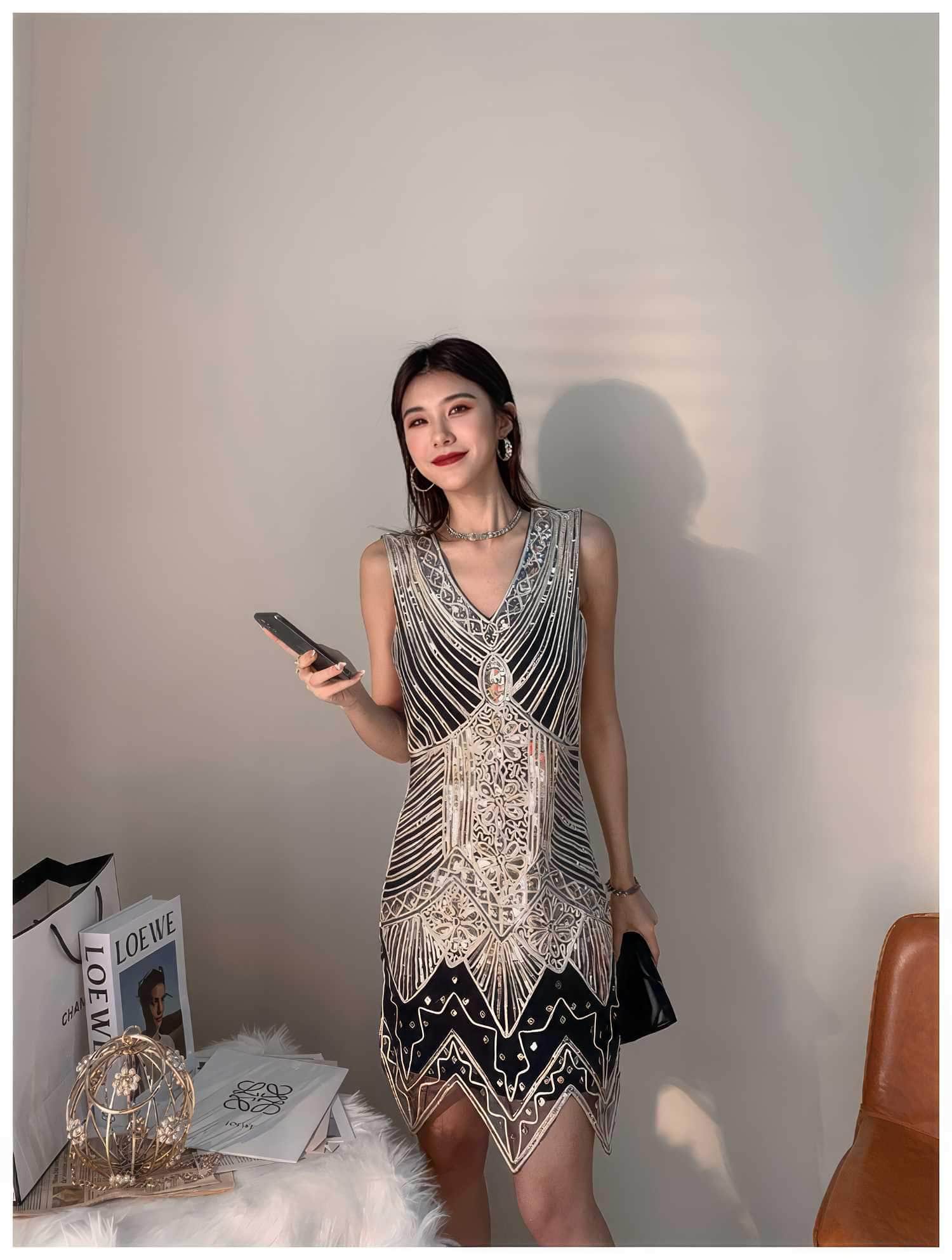 Vintage Beaded Sequin V-Neck Party Dress