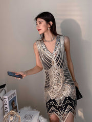 Vintage Beaded Sequin V-Neck Party Dress