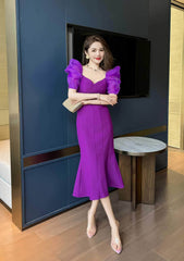 Vintage Puff Sleeve Mermaid Midi Dress