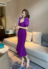 Vintage Puff Sleeve Mermaid Midi Dress