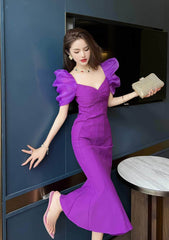 Vintage Puff Sleeve Mermaid Midi Dress