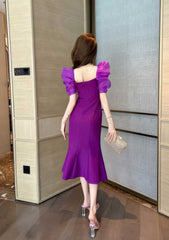 Vintage Puff Sleeve Mermaid Midi Dress