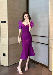 Vintage Puff Sleeve Mermaid Midi Dress