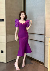 Vintage Puff Sleeve Mermaid Midi Dress