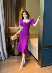 Vintage Puff Sleeve Mermaid Midi Dress