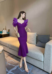 Vintage Puff Sleeve Mermaid Midi Dress