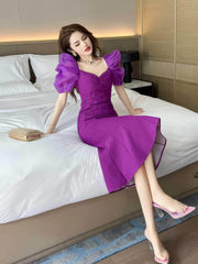 Vintage Puff Sleeve Mermaid Midi Dress