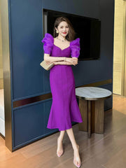Vintage Puff Sleeve Mermaid Midi Dress