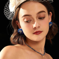 Vintage Rhinestone Decor Daisy Statement Earrings Blue / Clip On