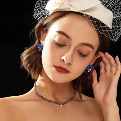 Vintage Rhinestone Decor Daisy Statement Earrings Blue / Clip On
