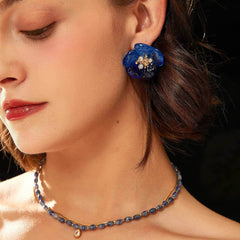 Vintage Rhinestone Decor Daisy Statement Earrings Blue / Clip On