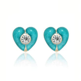 Vintage Rhinestone Heart-Shaped Enamel Earrings Blue / Clip On