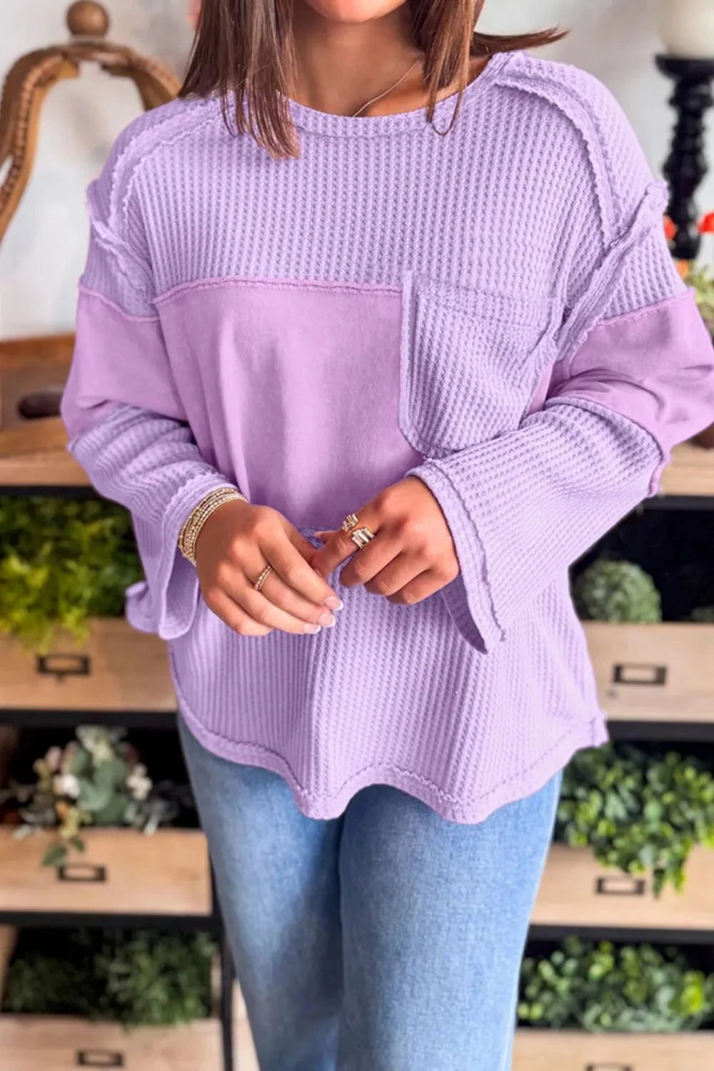 Waffle Knit Long Sleeve T-Shirt Pink Purple / S