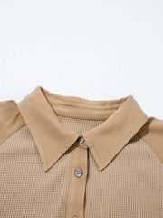 Waffle Patchwork Button Up Frayed Hem Shirt