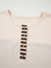 Waffle Stripe Plaid Patchwork Henley Knit Top