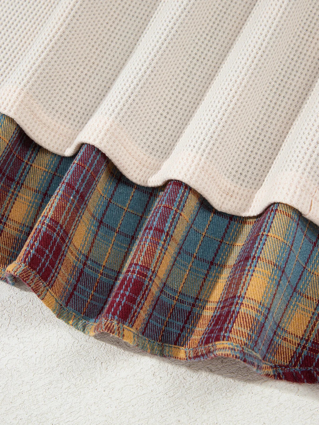 Waffle Stripe Plaid Patchwork Henley Knit Top