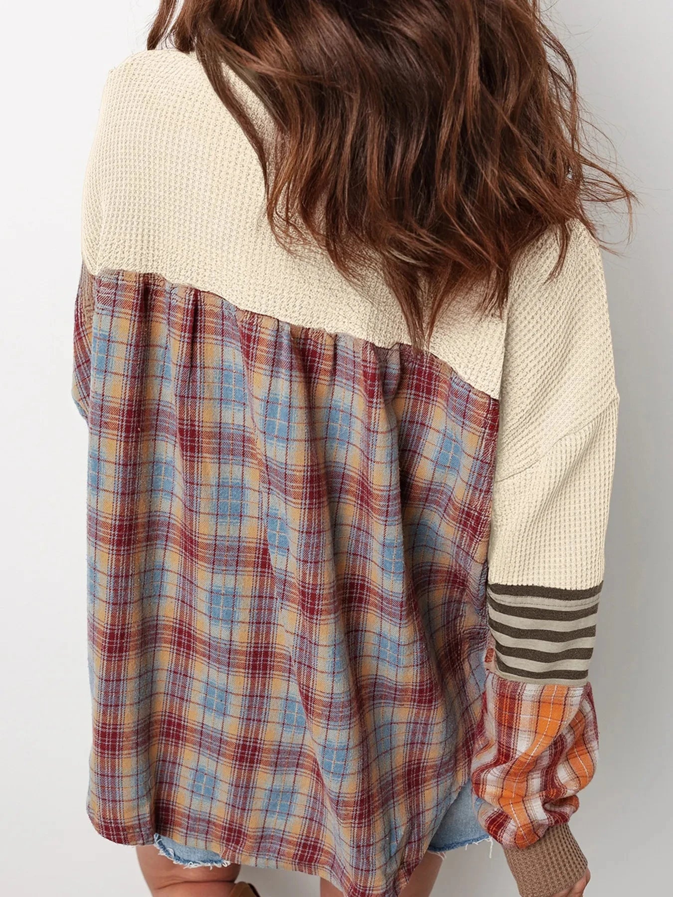 Waffle Stripe Plaid Patchwork Henley Knit Top