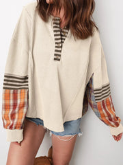 Waffle Stripe Plaid Patchwork Henley Knit Top Beige / S