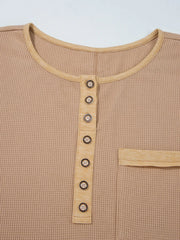 Waffle Textured Tunic Henley Top with Slits
