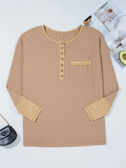 Waffle Textured Tunic Henley Top with Slits